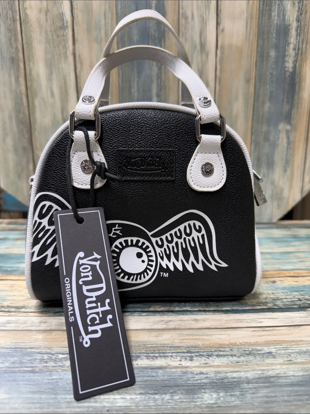 Von Dutch Black & White "Flying Eyeball" Mini Bowler Bag